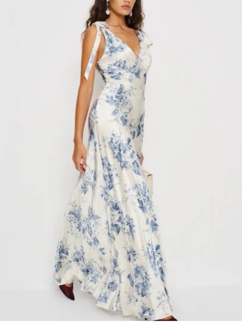 Reformation Blue Floral Satin Tie-Shoulder Midi Dress